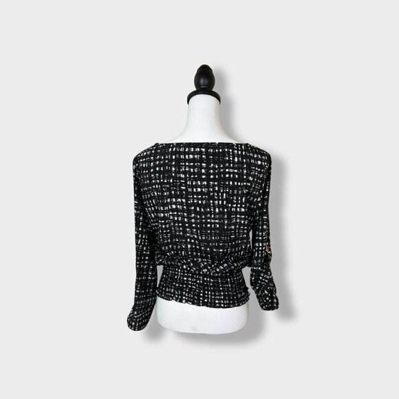 MICHAEL Kors Black and White Smocked Waist Roll Tab Blouse with gold Size Small - Picture 2 of 8